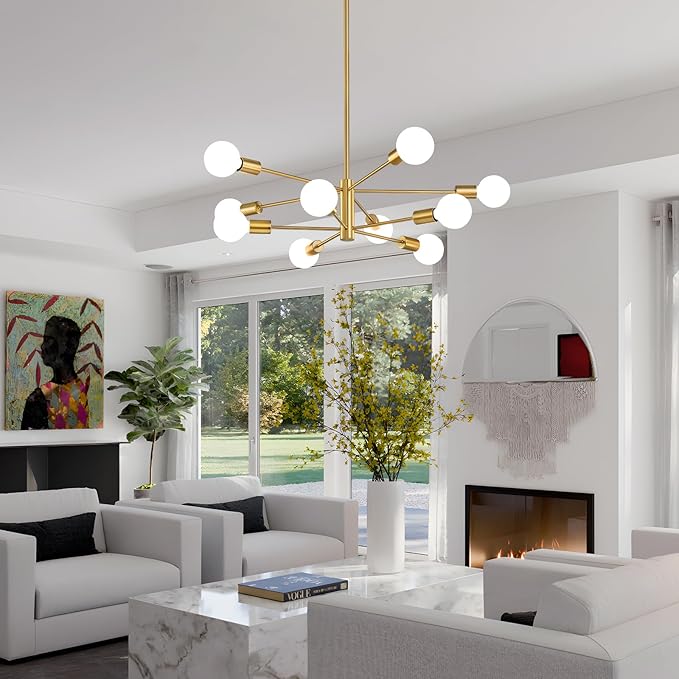 Modern Sputnik Chandeliers Light, 10-Light Gold Gold Dining Room Chandelier Over Table, Height Adjustable Industrial Semi Flush Mount Mid Century Chandelier for Kitchen Island Living Room
