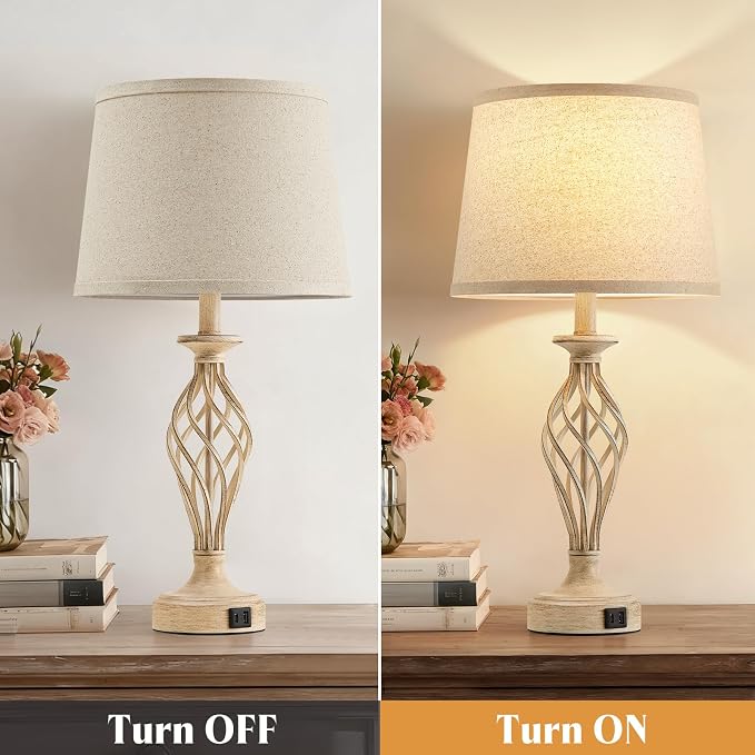 EJIAXIN Bedside Table Lamp for Bedroom Set of 2 - Beige Nightstand Lamps with USB C+A Ports,Rustic Distressed Farmhouse Bedroom Lamp - Lamp for Living Room Reading Bed Side End Table Bulbs Included