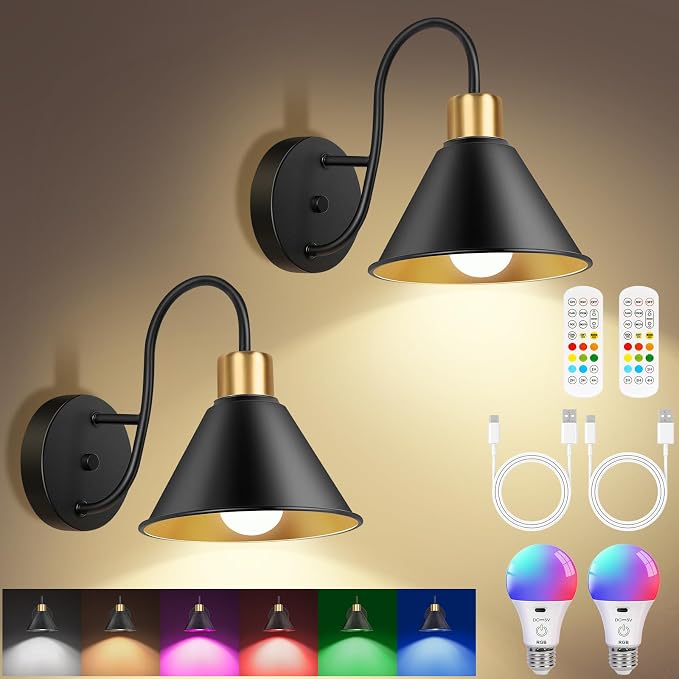 Frideko Rechargeable Wall Sconces Set of Two with Remote, RGB 15 Colors Dimmable Battery Operated Wall Lights for Living Room Bedroom, Indoor Black Wall Lamp with Timer Wireless