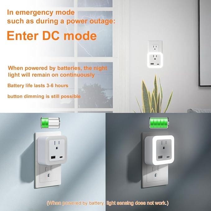 Night Lights Plug Into Wall 4 Pack Dusk to Dawn Sensor & Dimmable | 5000K Cool White Rechargeable Battery Backup Night Light with Outlet Expander for Adults Kids Bedroom, Kitchen, and Bathroom