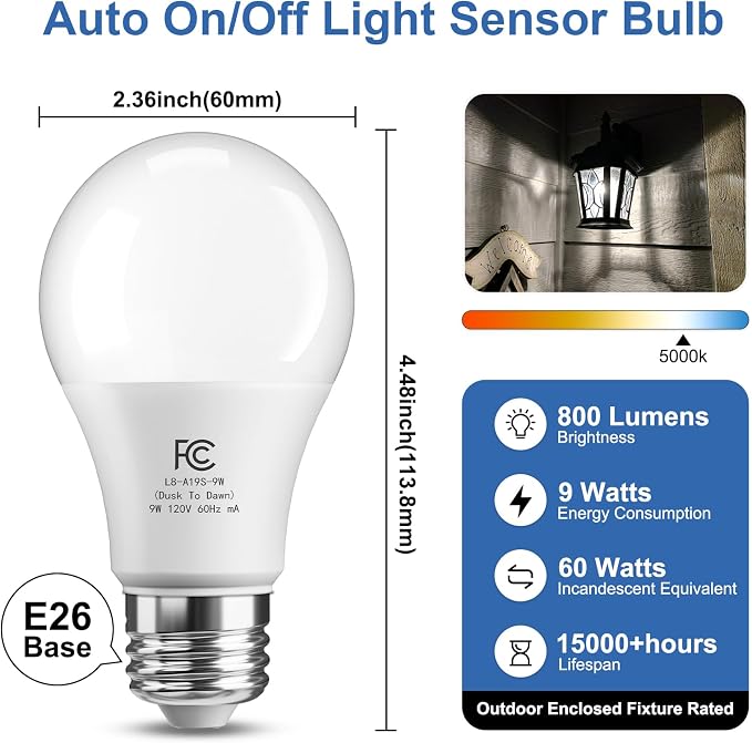 TJOY Dusk to Dawn Light Bulb Outdoor, Light Sensor, Automatic On/Off, 5000K | Photocell A19 LED Bulb for Outdoor Porch Lighting, 60W Equivalent, Energy Efficient 9W, Daylight, E26 Base, 8 Pack