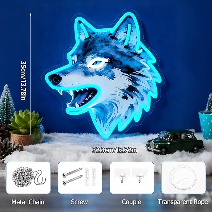 Wolf Neon Sign, UV Printed Dimmable Led Wolf Neon Light Animal Wall Decor Wolf Gifts for Boys Men Bedroom Living Room Man Cave Home Birthday Decoration