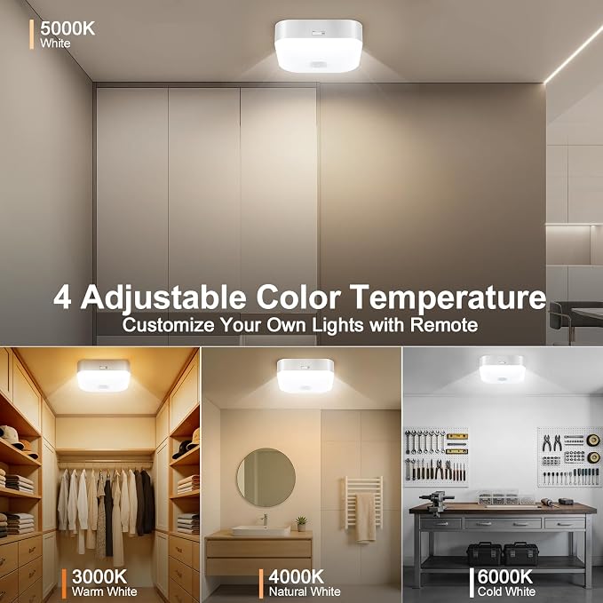 Rechargeable Motion Sensor Ceiling Light Indoor Closet Light with Remote | Battery Operated Ceiling Light with Timer - Wireless Dimmable Magnetic Mount Shower Lamp for Bathroom/Stairs/Garage/Hallway