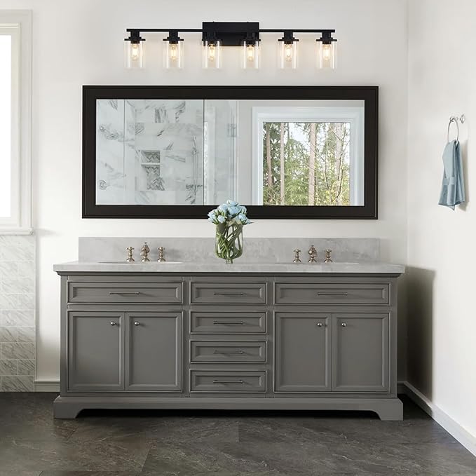 stambord 6 Light Matte Black Bathroom Vanity Light Fixtures with Clear Glass and Metal Base, Black Vanity Lights for Bathroom Over Mirror