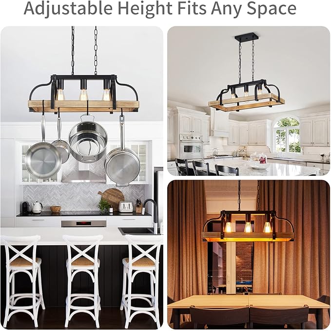 WUZUPS 3-Light Metal Pot Hanging Rack Chandelier Imitation Light Wood Grain Linear Pendant Ceiling Lighting Rustic Farmhouse Fixture Kitchen Island Dining Room, H 9.8" L 24.8" W11.8, E26 Base, Black