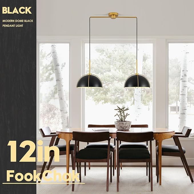 Black Dome Pendant Light 2 Light Socket Large Pendant Light Fixture with Adjustable Pendant Cord Black Gold Pendant Lighting for Kitchen Island Dining Room Kitchen Sink
