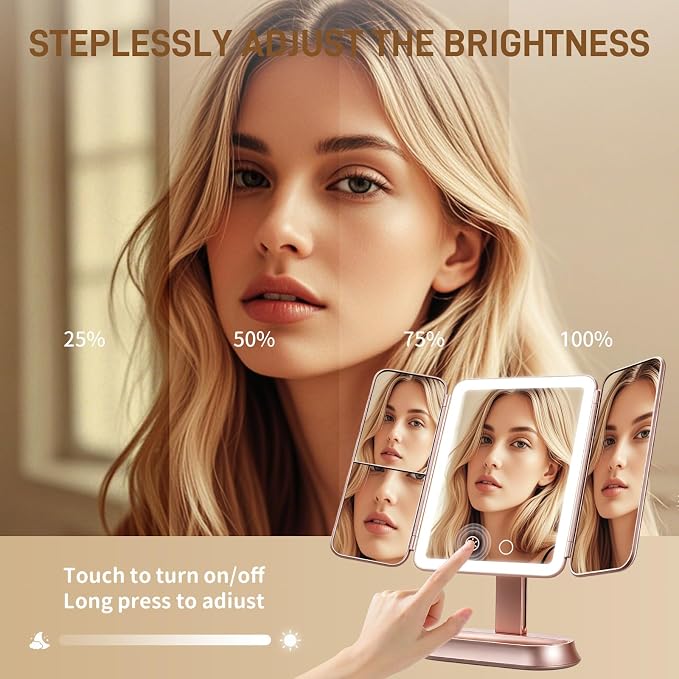 FRANO Lighted Makeup Mirror with 1X/3X/5X Magnification, Elegant Rose Gold Trifold Vanity Mirror, Smart Touch & Sensor, 3 Lighting Modes, Rechargeable Portable Mirror for Gift - Rose Gold