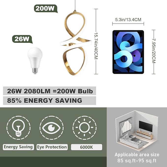 6000K Modern LED Pendant Lights, 22W LED Pendant Lights Kitchen Island Lighting, Gold Adjustable Height Hanging Light Fixture for Kitchen Study Corridor Dining Room, 1 Pack