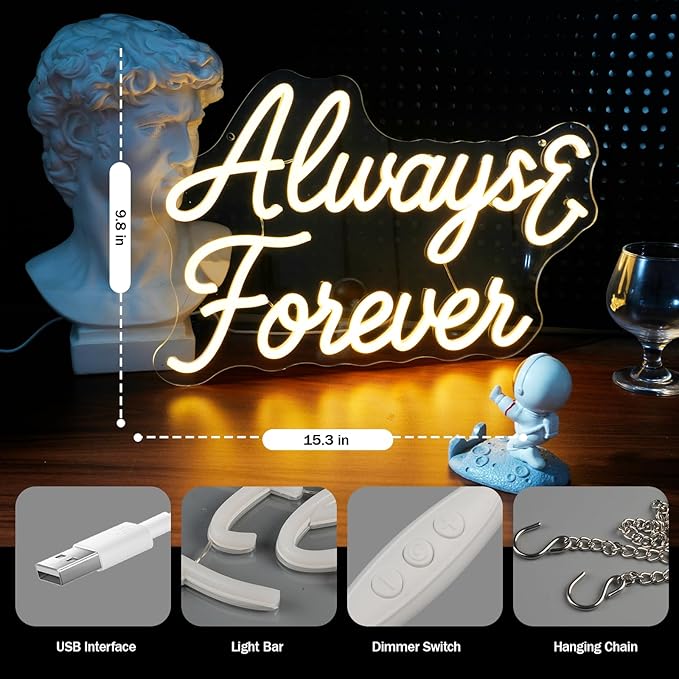 Always Fover Neon Sign, Warm White Neon Light Sign, Letters Wedding Led Neon Signs for Wall Decor, USB Light Up Signs for Wedding Party Bedroom Beauty Salon Girls Love Gift