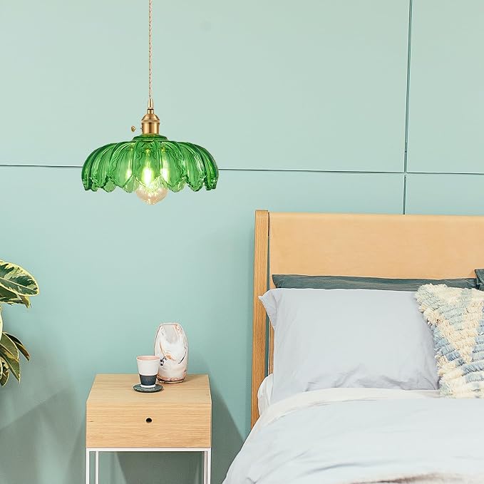 Grass Green Glass Pendant Light Fixtures Medium 9.8 Inches Lampshade Gold Brass Finish and Switch Vintage Pendant Ceiling Lamp Copper Pendant Lighting (Grass Green)