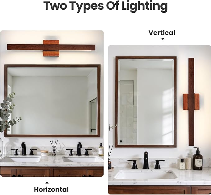 Modern Bathroom Light Fixtures Over Mirror, 24 Inch Brown Wood Finish Vanity Light Bar 20W Dimmable 5CCT LED Vanity Lights for Bathroom Wall Lighting Fixtures Over Mirror