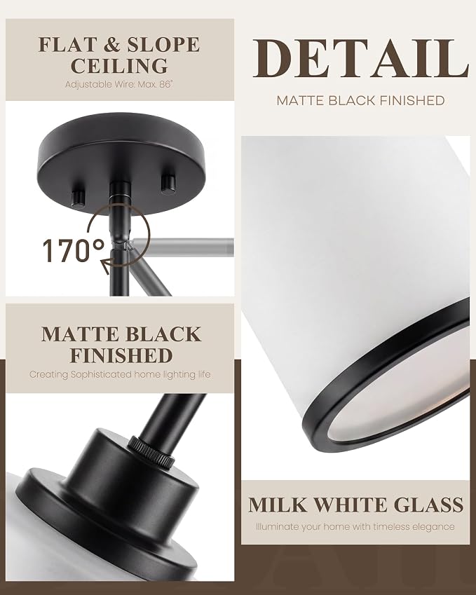 Beionxii Pendant Lights Kitchen Island, Milk Glass Pendant Lights, Black | Farmhouse Pendant Lighting,Modern Hanging Pendant Light with Rods for Kitchen Island Dining Room Bedroom Entryway,BX-PL02MB+R