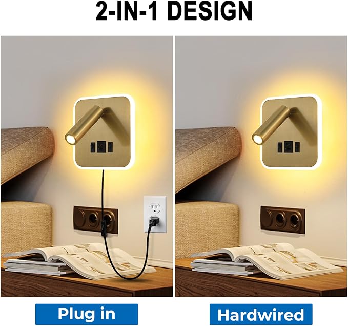 LED Wall Lamp With Wall Mounted Reading Lights,Modern Wall Sconce Plug in for Bedroom or Living Room With Charging Station USB C+A Ports,Headboard Bedside Lamps With 3W+9W Night Light 3000K