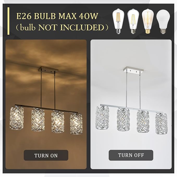 40" Chrome Crystal Linear Chandelier, 4-Light Kitchen Island Pendant | 40-inch chrome crystal linear chandelier with adjustable height, 4 E26 lights, dimmable for kitchen islands and dining rooms