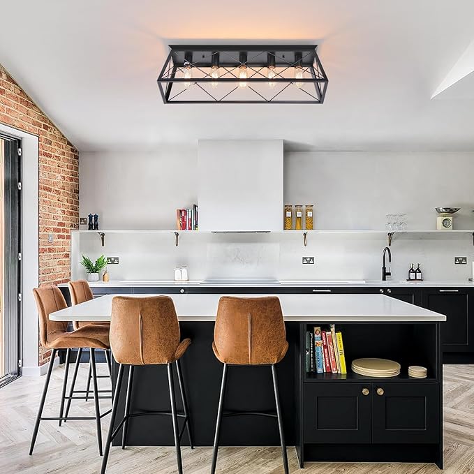 31.5" Black Flush Mount Ceiling Light Fixture, 5-Light Vintage Industrial Cage Chandelier for Dining Room, Kitchen Island, Living Room, Dimmable Large Semi Flush Mount Close to Ceiling Light