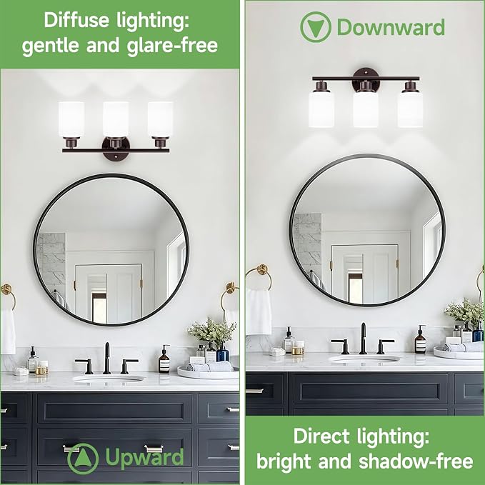 3-Light Bathroom Light Fixtures, Oil-Rubbed Bronze Gold Vanity Lights for Mirror with Textured Milky White Glass Shade, Modern Kitchen Light Fixtures Wall Sconce Light - E26