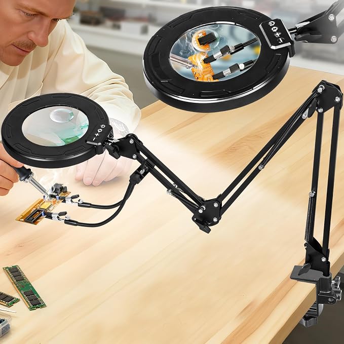 12X 30X Magnifying Glass with Light and Clamp, Soldering Helping Hand | 3-Section Swing Arm Hands-Free Workbench Lighted Magnifier, 5 Color Stepless Dimming, LED Desk Lamp for Craft Hobby Painting