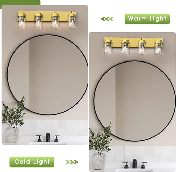 Bathroom Lighting Fixtures, 4-Light Bathroom Vanity Lights Over Mirror, Brass Vanity Light with Glass Shade, Modern Vanity Lighting Fixtures for Bedroom, Hallway