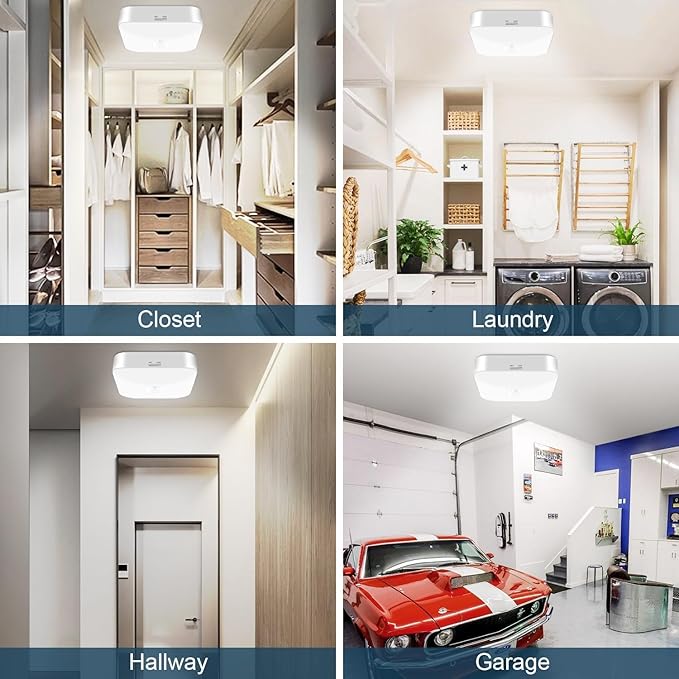 Rechargeable Motion Sensor Closet Light, 500LM Wireless Ceiling Light 4Pack | 5000K Cool White, Battery Operated, Motion Sensored Activated, Indoor Use for Hallway, Stairs, Pantry, Bathroom, Garage