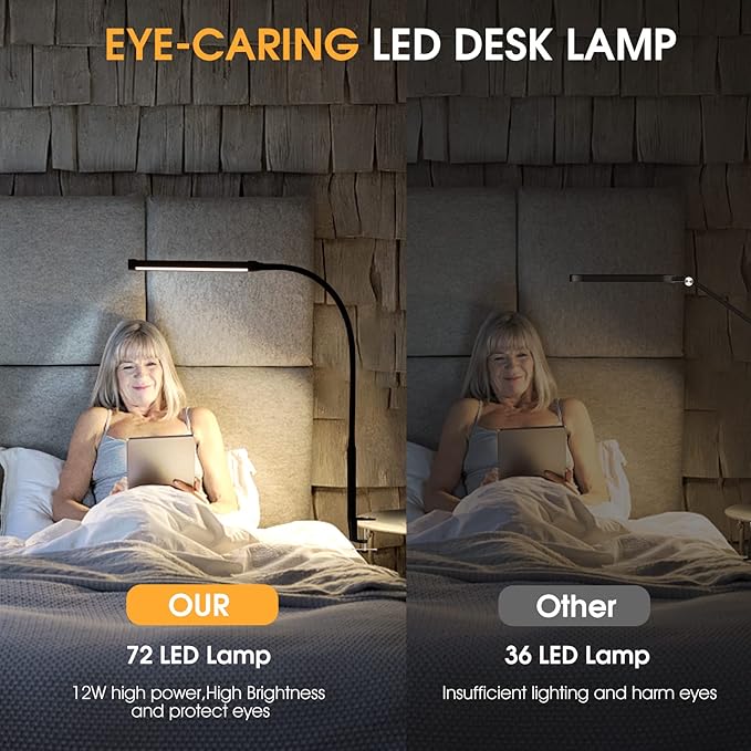 LED Desk Lamp with Clamp, Eye-Caring Clip on Lights for Home Office, 3 Modes 10 Brightness, Long Flexible Goose-Neck, Metal, Swing Arm Architect Task Table Lamps with USB Adapter, Black