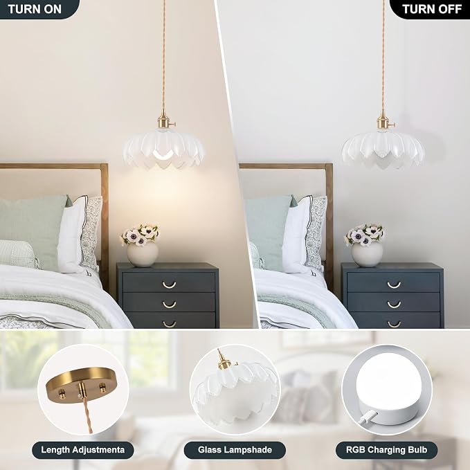 Battery Operated Pendant Light,White Vintage Light Fixtures RGB Rechargeable Light Bulb 2500mAh 9.8in with Remote Control Wireless Adjustable Chandelier for Kitchen Island Hallway 1 Light