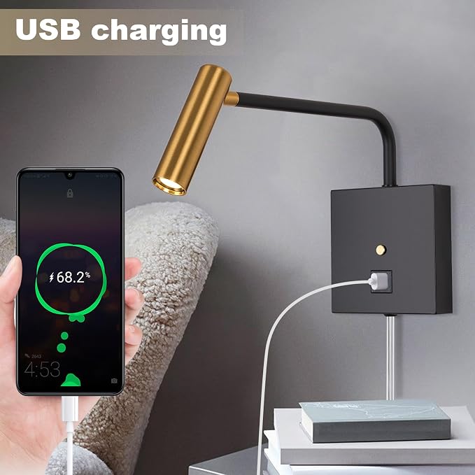 ZEROUNO LED Wall Lamp Wall Mounted Reading Lights, Dimmable Adjustable Headboard Plug in Wall Sconce with USB C+A Ports, Indoor LED Wall Lighting for Bedroom Bedside 3000K 2 Pack