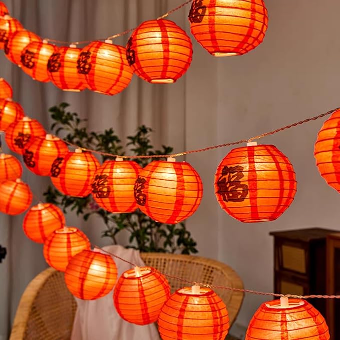 RJZZ Chinese New Year Decorations 2026 Chinese Lanterns Lights 9.4Ft Fu Character Lantern String Lights Battery Operated 10 Count Lunar New Year Decorations New Years Decor for Home