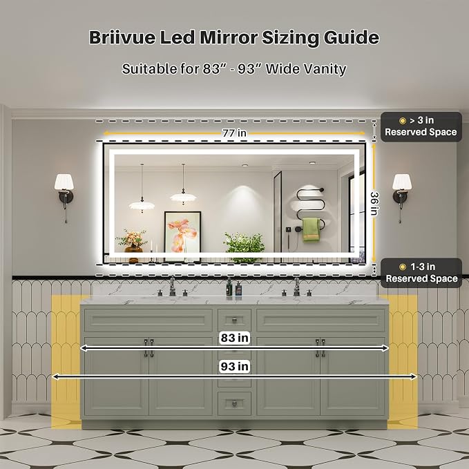 77x36 Inch LED Bathroom Mirror with Black Frame, Backlit & Front Lit | Anti-fog, 3 Color Dimmable, Memory Function, HD Reflection Tempered Glass, ETL Listed, IP54 Waterproof