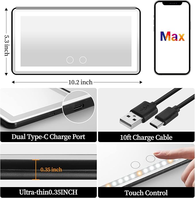 Car Sun Visor Vanity Mirror with Lights, 2 Pcs Rechargeable Car Makeup Mirror Accessories, Birthday Gifts for Women Girl, 3 Light Modes, Dimmable Touch Led Screen, Universal for Car Truck