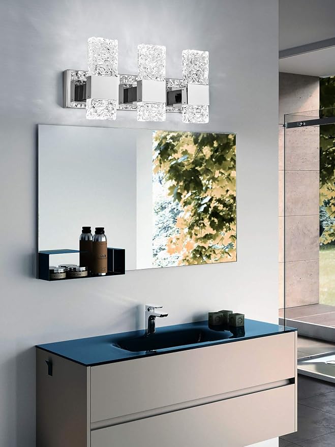 Modern LED Bathroom Vanity Light Fixtures Chrome Stainless Steel 3 Light Wall Sconces for Bathroom Lighting Fuxture Over Mirror 21.5Inch 30w LED Crystal Wall Light Cool White 5800k