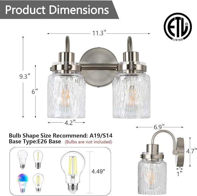 2 Lights Hammered Glass Bathroom Vanity Light,Brushed Nickel | Easy Installation,Up or Down,Farmhouse Modern Style,E26 Socket,ETL Certification
