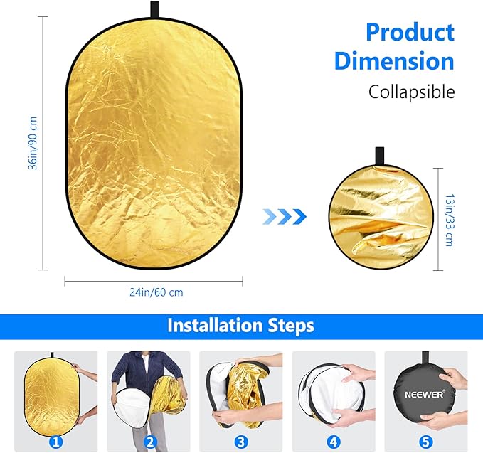 NEEWER 24"x36"/60x90cm Light Reflectors for Photography, Portable 5 in 1 Collapsible Multi Disc with Bag - Translucent, Silver, Gold, Black, White Diffuser for Studio and Outdoor Lighting