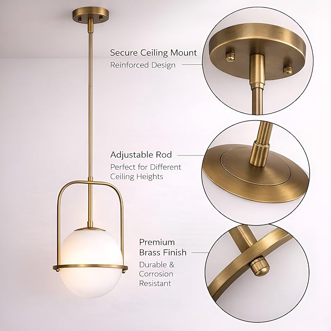 Brass Pendant Light Kitchen Island, 1-Light Modern Hanging Light Fixture, Adjustable Height Ceiling Light with Frosted Glass Globe, E26 Base, Dining Room, Entryway, Bedroom Lighting, ETL Listed