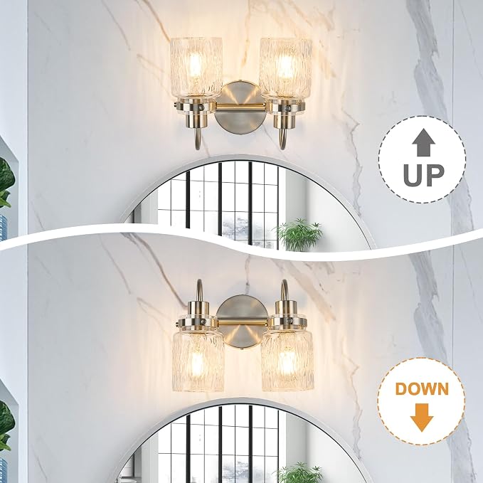2 Lights Hammered Glass Bathroom Vanity Light,Brushed Nickel | Easy Installation,Up or Down,Farmhouse Modern Style,E26 Socket,ETL Certification