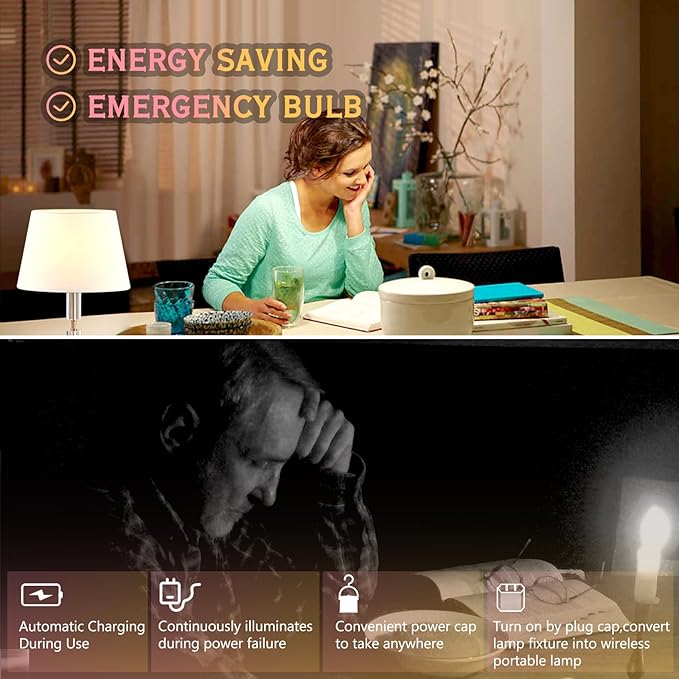 6 Pack Rechargeable Emergency Light Bulbs, Battery Powered LED Light Bulb 6000K Daylight E26 12W 60W Equivalent with 1500mAh for Home Power Outage Camping Hiking( 6 Bulbs, 6 Hooks,3 Plug Caps)