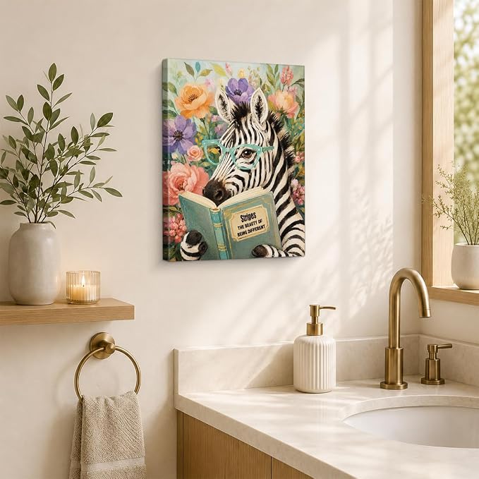 NSFBESSLIA Funny Reading Zebra Painting, Whimsical Floral Animal Decor, Stripes The Beauty of Being Different, Cottagecore Wall Art for Living Room Bedroom Entryway, 8x10 Inch