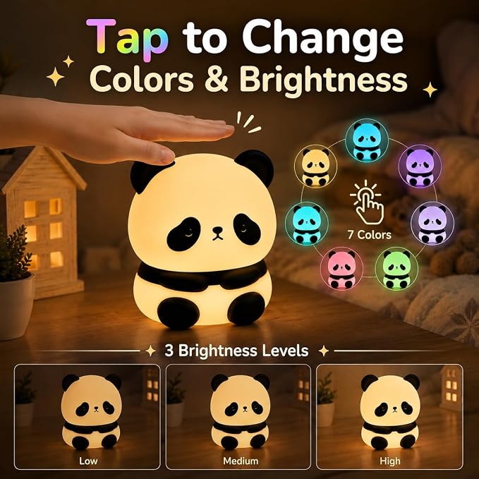 Cute Panda Night Light for Kids, 7-Color Changing Silicone Squishy Lamp, Tap Control USB Rechargeable Portable Night Light for Baby Nursery, Bedroom Desk Decor, Birthday Christmas Gift
