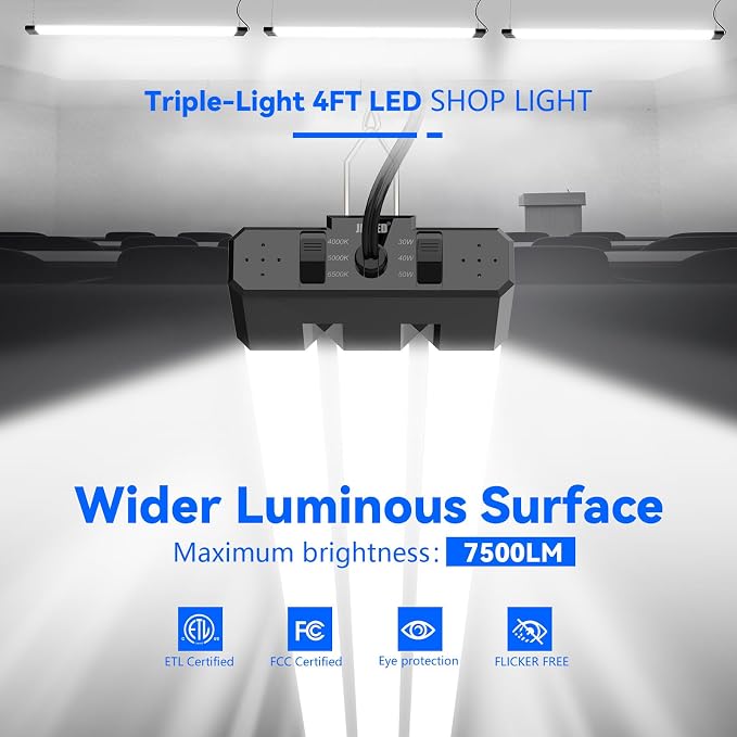 JESLED LED Shop Lights 4FT 7500LM, 3CCT & 3 Wattage Adjustable, ETL | 3CCT 4000K, 5000K & 6500K, 30W/40W/50W Selectable, Linkable for Garages & Workshops, Ceiling or Hanging Mount, 4 Pack