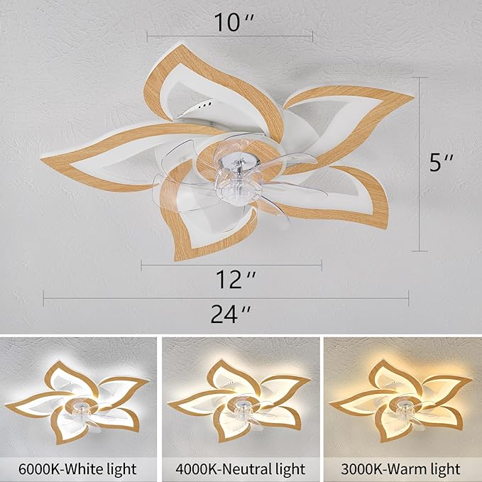 Geometric Ceiling Fan with Lights and Remote Control, Wooden Fan with 3 Light Colors, 6 Speeds - Low Profile Flush Mount for Kitchen, Bedroom, Living Room
