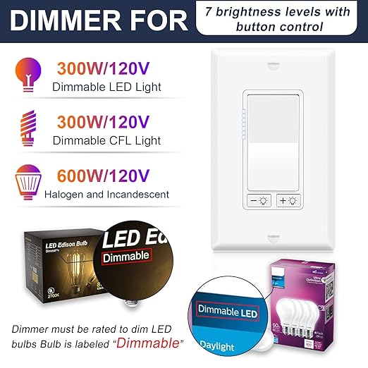 Dimmer Light Switch,Greencycle 10PK 3 Way Dimmer Switch for Dimmable 150W LED CFL Light,600W Halogen and Incandescent,15A 120V,Neutral Wire Not Required,Residential/Commercial,ETL Listed