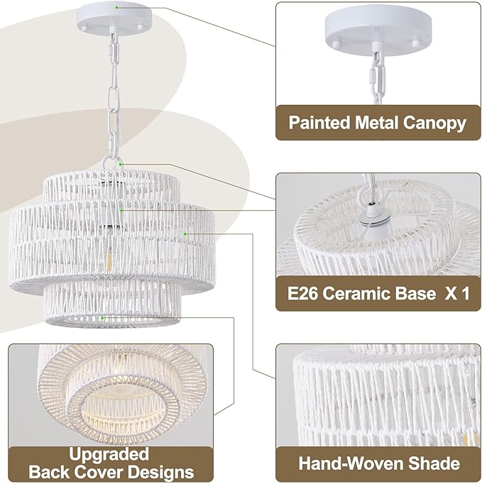 12.4" Large Boho Rattan Farmhouse Chandeliers for Dining Room, Rattan Hand-Woven Rustic Drum Chandelier Pendant Light Fixture for Kitchen Island Bedroom Living Room Entryway Foyer(White)