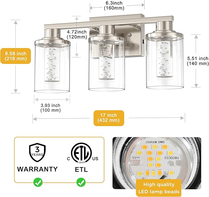 L LOHAS LED 3-Light Brushed Nickel Vanity Lights with 5CCT, Eye Protection LED Bathroom Light Fixtures, Dimmable Modern Bathroom Vanity Light Over Mirror with Clear Glass Shade