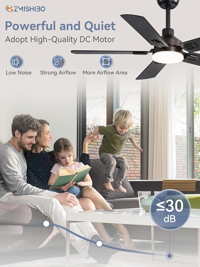 ZMISHIBO 44" Ceiling Fans with Lights and Remote, Black Modern for Indoor | Small Size, 3CCT, Downrod Mount, Farmhouse Dual Finish Blades, Quiet&Strong Motor, Memory Function for Bedroom, Living Room