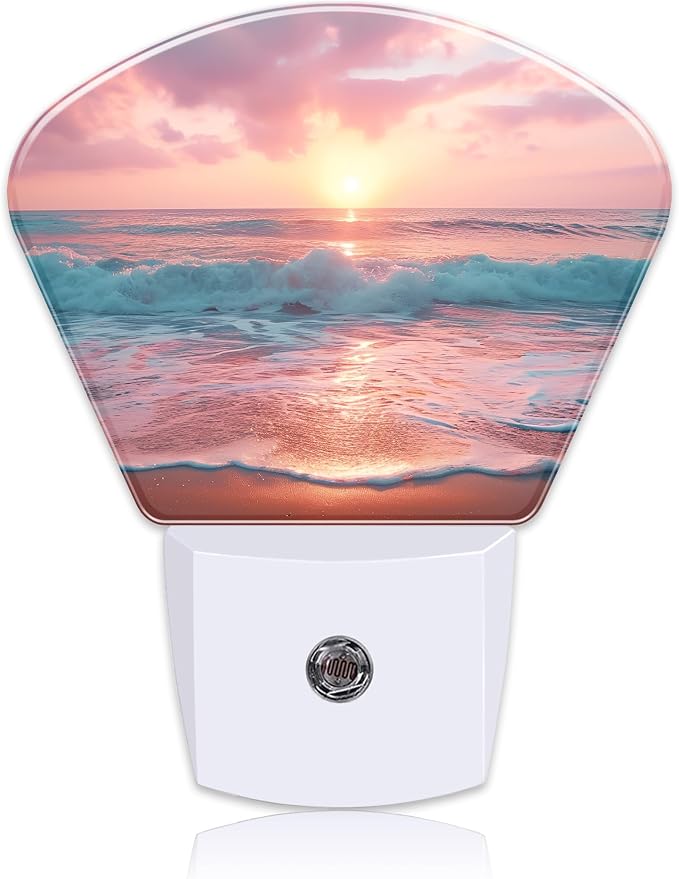 Pink Beach Sunset Night Light Sunrise Beach Nightlight Plug into Wall with Dusk to Dawn Sensor for Kid Girls Boys Women Men Room, Hallway, Kitchen, Bathroom, Stairs Decor
