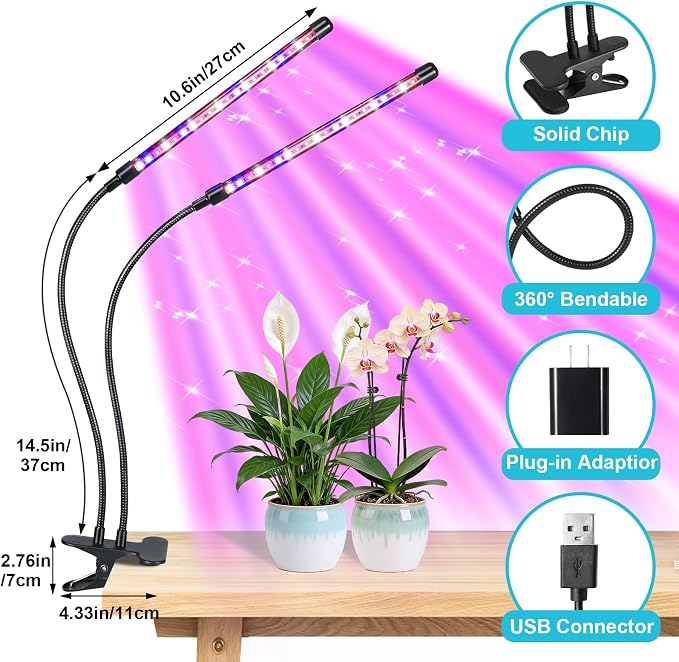 Indoor Plant Grow Light, Full Spectrum Clip Plant Lamp with Red, Blue, White Light, Plant Growing Light with Adjustable Gooseneck, 4/8/12/18H Timer, 10 Brightness Levels, 3 Lighting Modes, 2 Head
