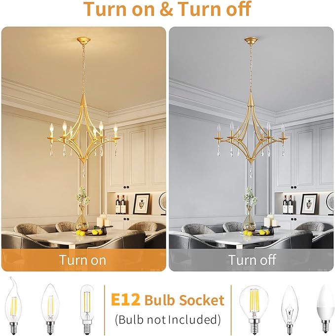 Modern Gold Crystal Chandelier, 6-Lights Farmhouse Chandeliers for Dining Room Light Fixtures Hanging Pendant Light, Modern Candle Chandelier for Bedroom Foyer Living Room Kitchen Island Entryway