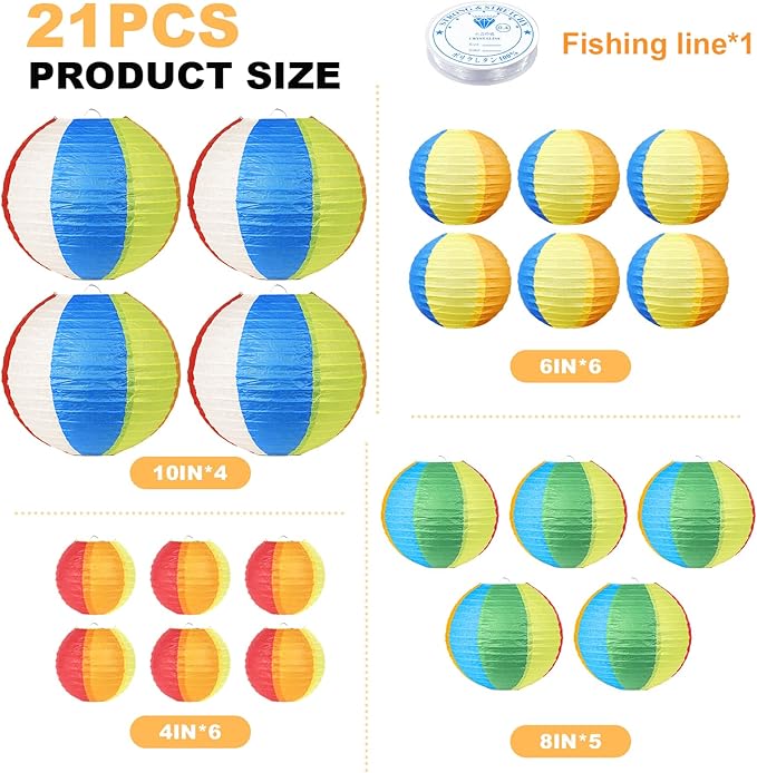 21Pcs Beach Ball Paper Lanterns Summer Luau Themed Hanging Decor - 4/6/8/10 Inch Multicolor Pool Party Decor for Outdoor Indoor Classroom Beach Birthday Party Supplies