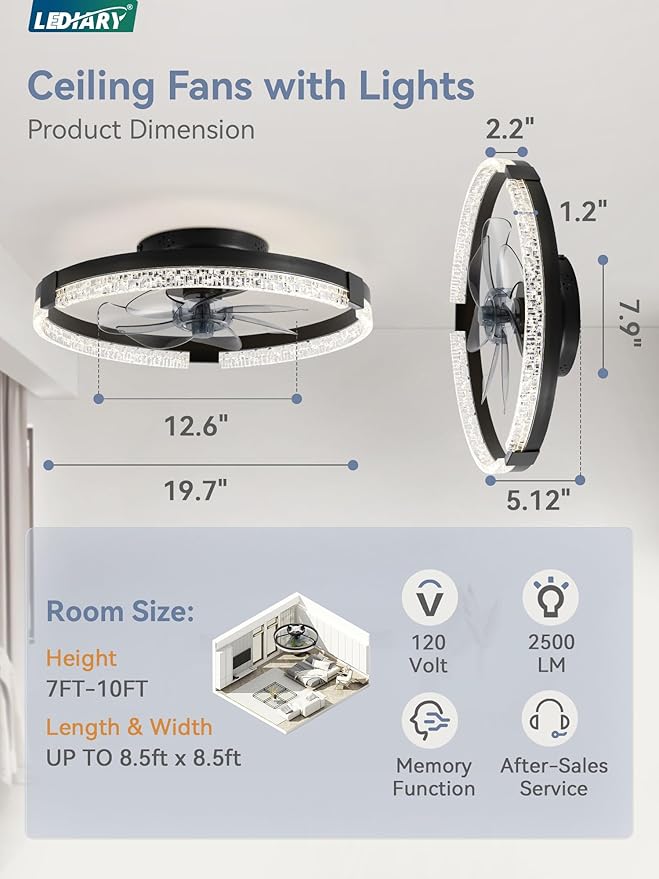 LEDIARY Flush Mount Ceiling Fan with Lights and Remote, 19.7'' Low Profile, 3000-6000K Dimmable Fandelier, 6 Wind Speeds, Black Modern LED Fan Light for Bedroom