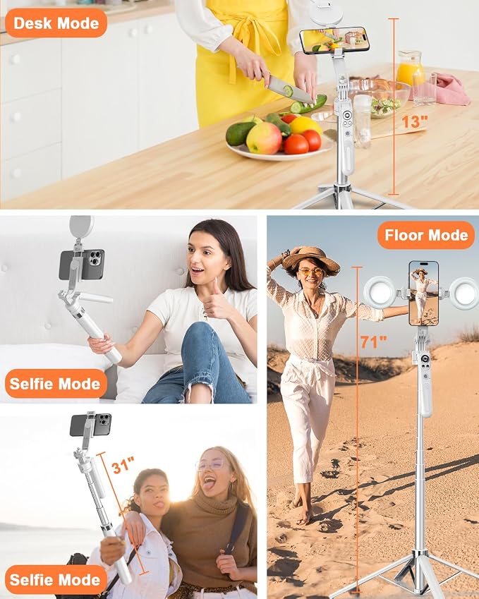 Yeaki 71” Auto Face Tracking Tripod for iPhone with Light,360° Rotating Phone Stand with Rechargeable Remote Control for TikTok Vlog, Phone Tripod for Android Camera/GoPro/Ring Light (White)