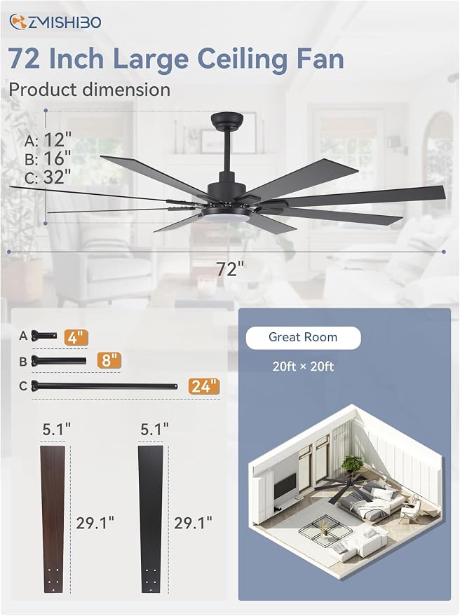 ZMISHIBO 72" Ceiling Fans with Lights for Patio, Living Room, Remote | High CFM Powerful Airflow, Quiet DC Motor, 24W 3 CCT LED, Indoor/Covered Outdoor, Dual-Finish, Damp Rated, Black